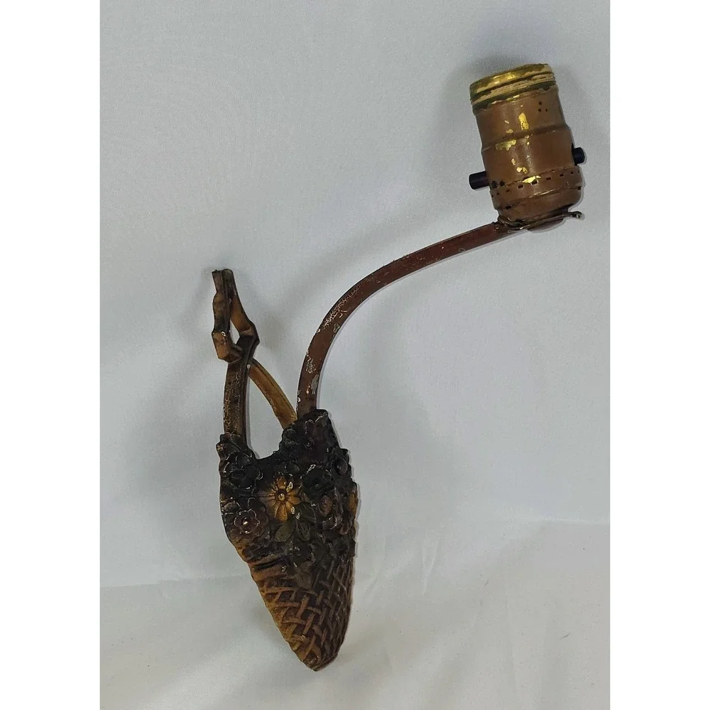 Vintage Cast Metal Flower Basket Wall Sconce Lamp Floral Cottage Victorian Chic